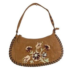 Women Sewn Edges Handbag Suede leather Brown Embroidery